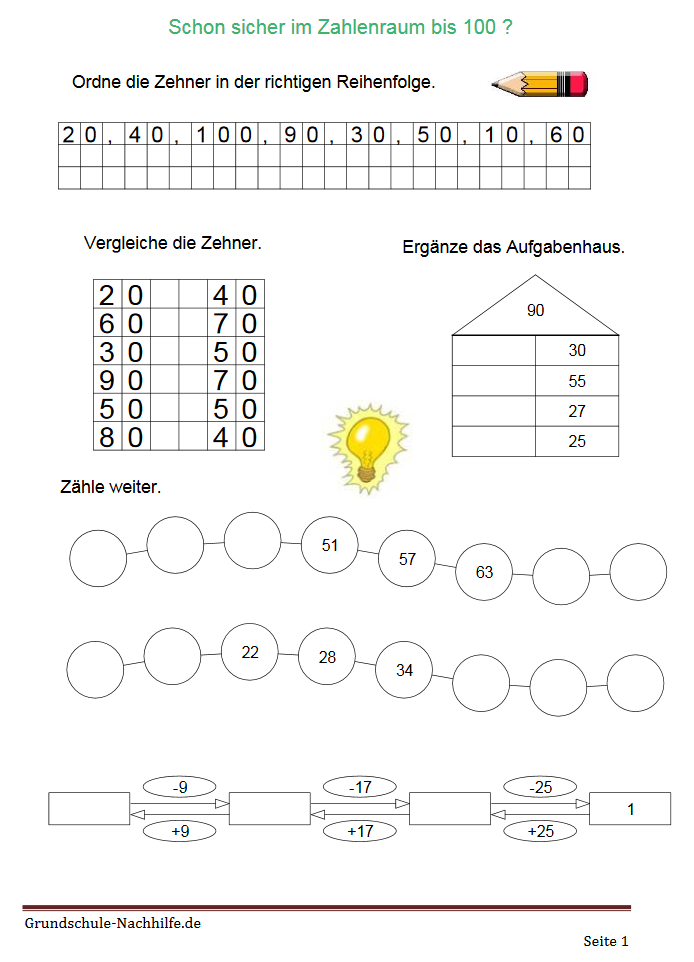 Arbeitsblatt Nachhilfe Mathe Klasse 1 und 2 Zahlenraum bis 100